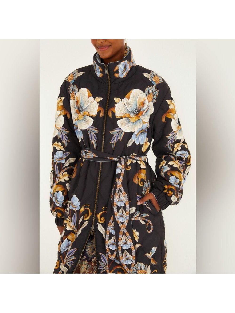 Farm Rio Black Flowerful Snake Garden Reversible Maxi Puffer Jacket - Picture 3 of 10